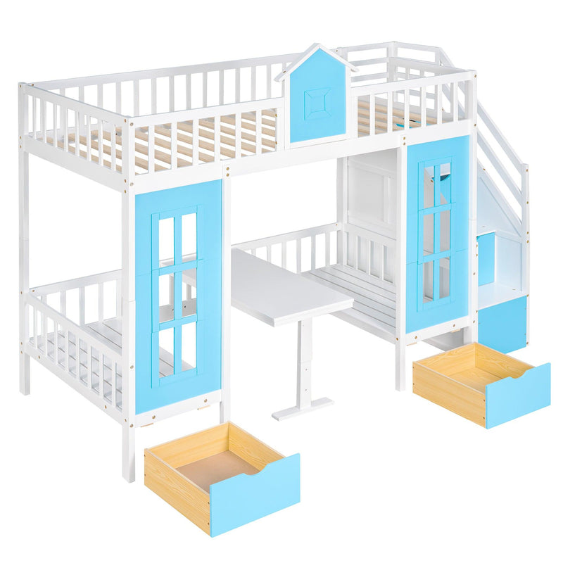 Twin-Over-Twin Bunk Bed with Changeable Table , Bunk Bed  Turn into Upper Bed and Down Desk with 2 Drawers - Blue - Urban Living Furniture (Los Angeles, CA)