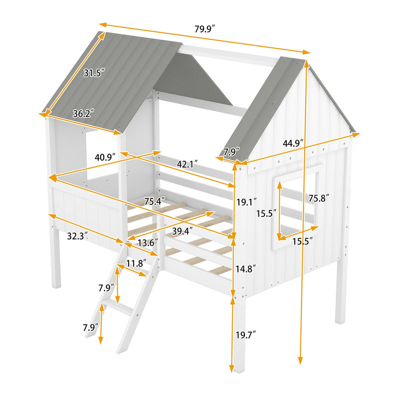 Twin Size Low Loft Wood House Bed with Two Side Windows  (White+Gray) - Urban Living Furniture (Los Angeles, CA)