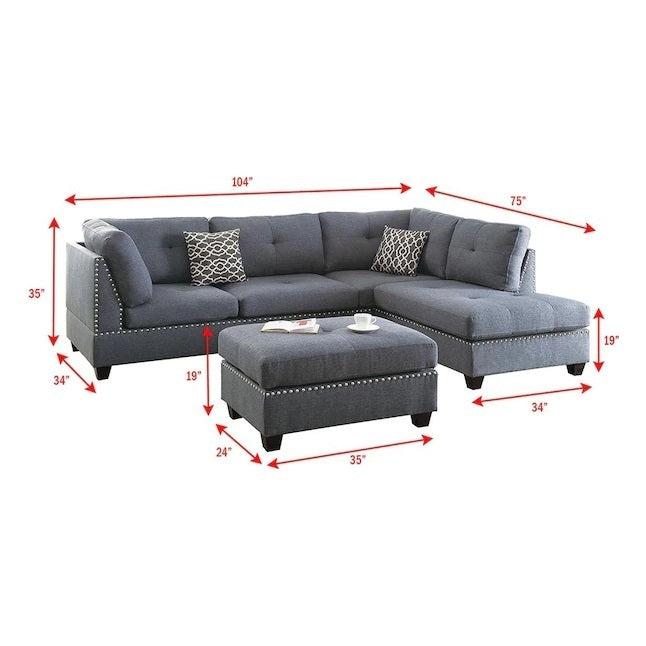 3-pcs Sectional Sofa Blue Grey Polyfiber Cushion Sofa Chaise Ottoman Reversible Couch Pillows - Urban Living Furniture (Los Angeles, CA)