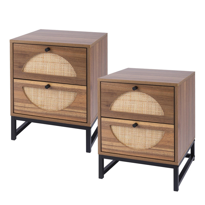 Rattan Nightstand Set of 2, Walnut End Table with 2 Natural Rattan Drawer & Metal Legs - Urban Living Furniture (Los Angeles, CA)