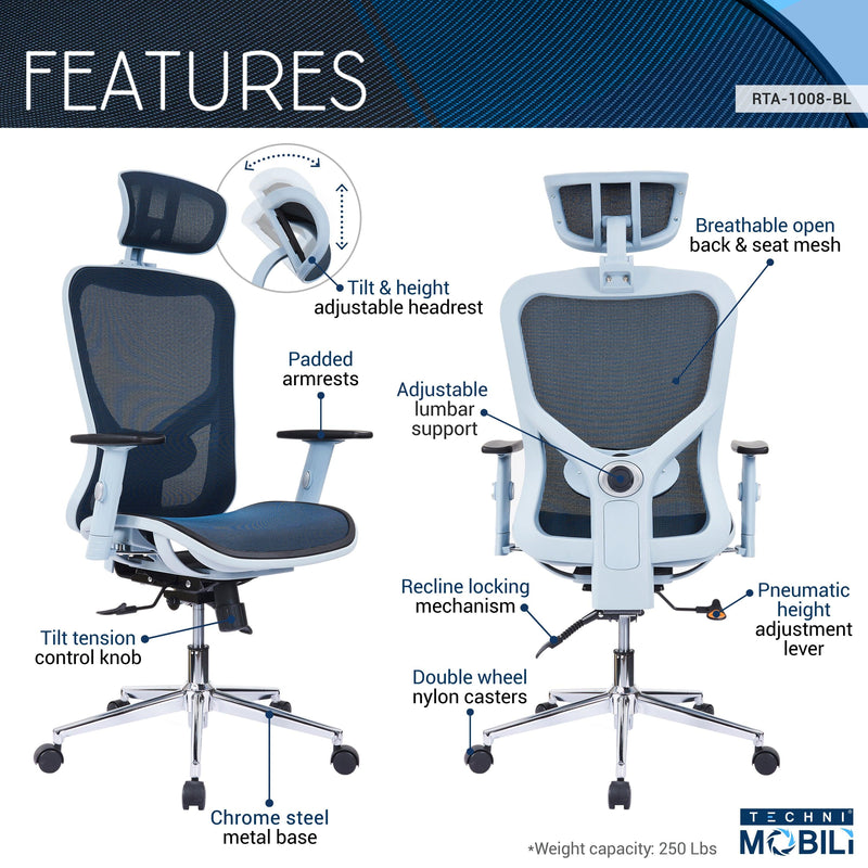 Techni Mobili High Back Executive Mesh Office Chair with Arms, Headrest and Lumbar Support, Blue - Urban Living Furniture (Los Angeles, CA)