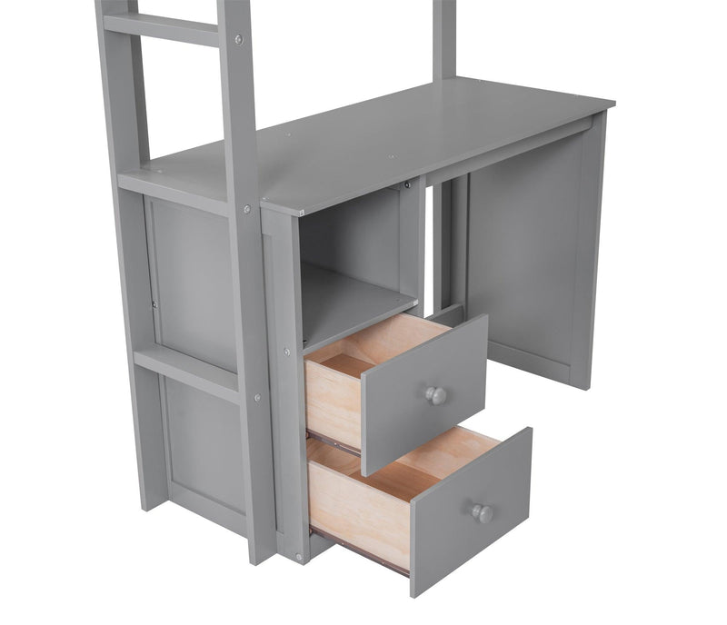 Wood Twin Size Loft Bed with Wardrobes and 2-Drawer Desk with Cabinet, Gray - Urban Living Furniture (Los Angeles, CA)