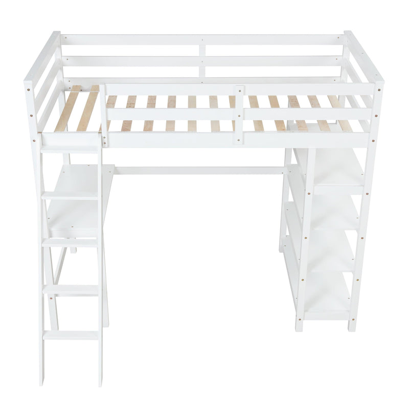 Twin Loft Bed with desk,ladder,shelves , White
