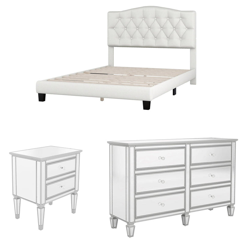 Elegant 3 Pieces Bedroom Set Full Upholstered Curved Tufted Linen Platform Bed Frame with Mirrored Silver Finished Nightstand and Dresser