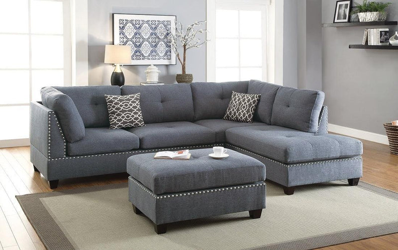 3-pcs Sectional Sofa Blue Grey Polyfiber Cushion Sofa Chaise Ottoman Reversible Couch Pillows - Urban Living Furniture (Los Angeles, CA)