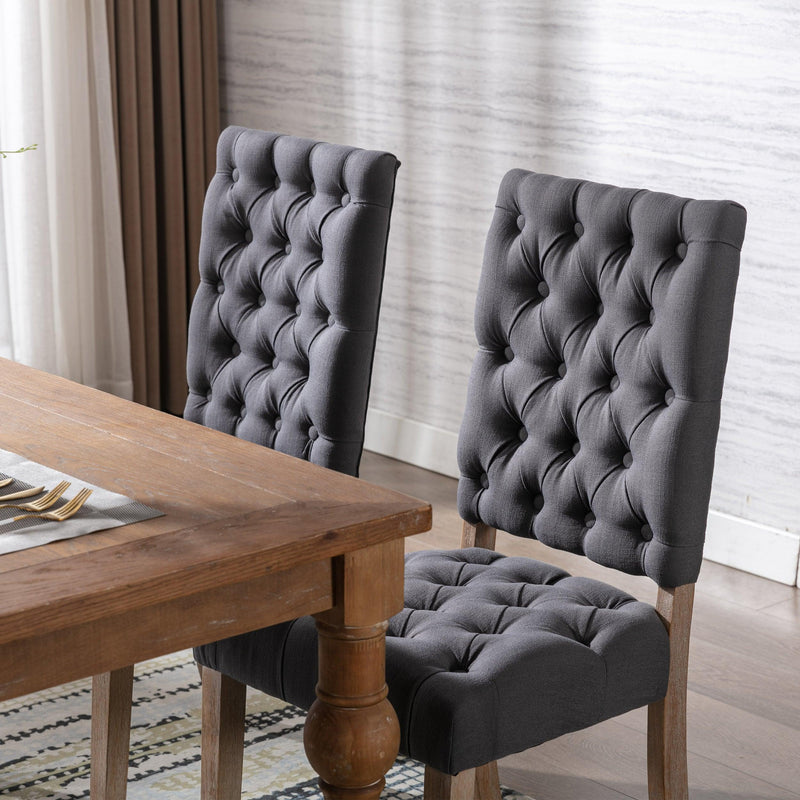 Mid-Century Wooden Frame Linen Fabric Tufted Upholstered Dining Chair,Set of 2,Grey
