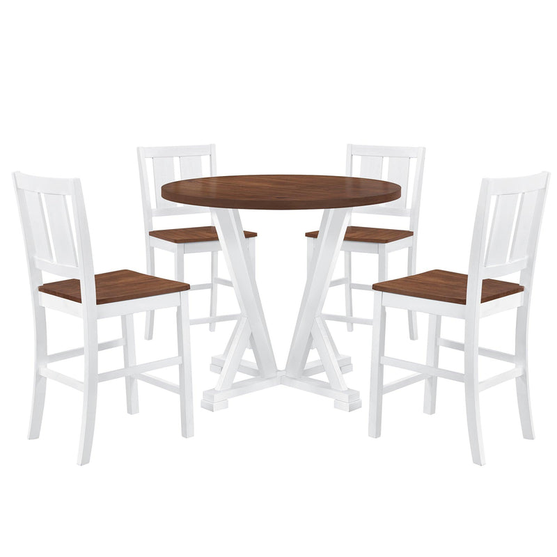 Rustic Farmhouse 5-Piece Counter Height Dining Table Set, Round Kitchen set with 4 Dining Chairs and Thick Tabletop, Brown - Urban Living Furniture (Los Angeles, CA)