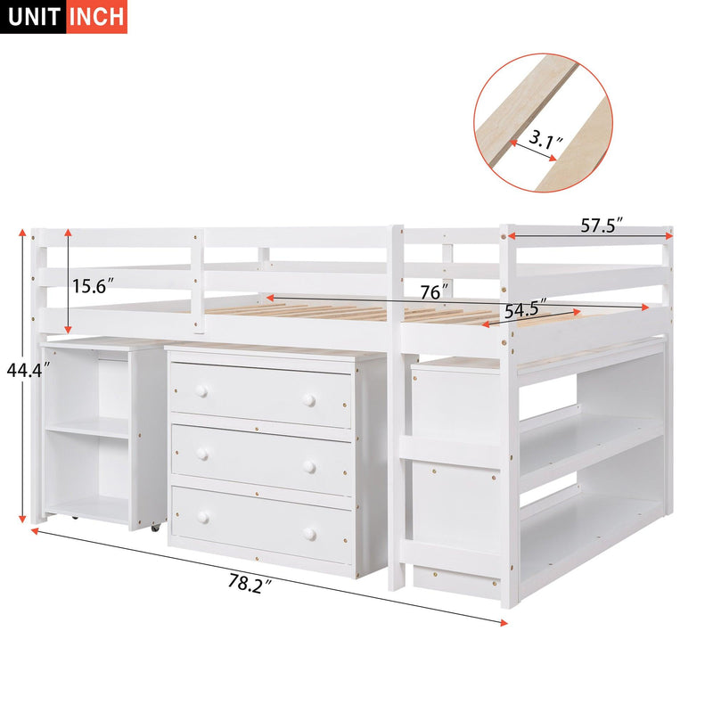 Low Study Full Loft Bed with Cabinet ,Shelves and Rolling Portable Desk ,Multiple Functions Bed- White - Urban Living Furniture (Los Angeles, CA)