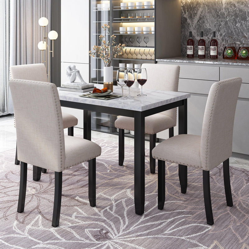 Faux Marble 5-Piece Dining Set Table with 4 Thicken Cushion Dining Chairs Home Furniture, White/Beige+Black - Urban Living Furniture (Los Angeles, CA)