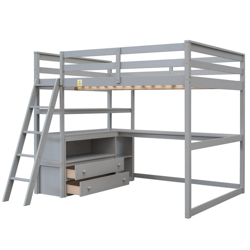 Full Size Loft Bed with Desk and Shelves,Two Built-in Drawers,Gray - Urban Living Furniture (Los Angeles, CA)