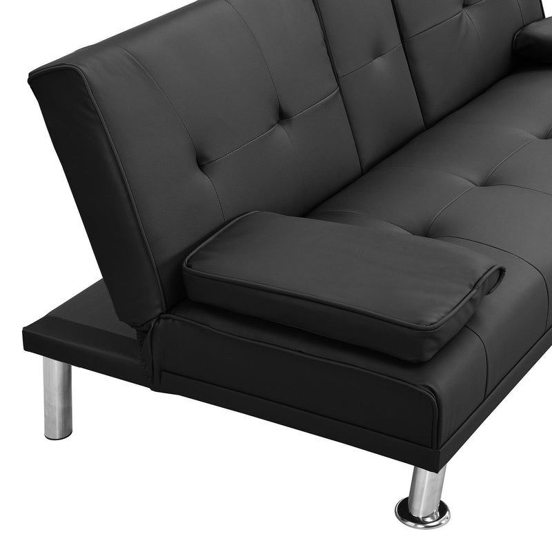 sofa bed with Armrest two holders  WOOD FRAME, STAINLESS LEG, FUTON BLACK  PVC