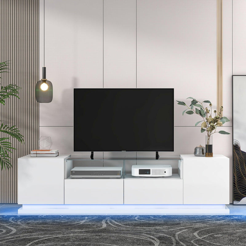 TV Stand with Tempered Glass,Modern High Gloss Entertainment Center for TVs Up to 70”, TV Cabinet withStorage and LED Color Changing Lights for Living Room, White