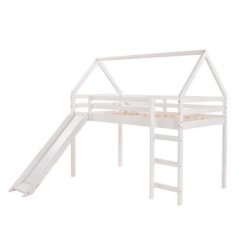 Twin Size Loft Bed with Slide, House Bed with Slide,White