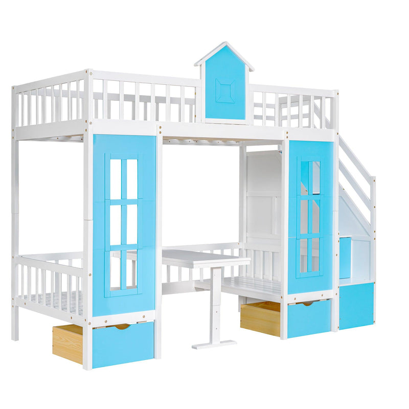 Twin-Over-Twin Bunk Bed with Changeable Table , Bunk Bed  Turn into Upper Bed and Down Desk with 2 Drawers - Blue - Urban Living Furniture (Los Angeles, CA)