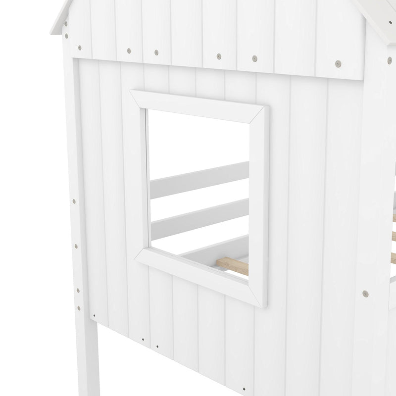 Twin Size Low Loft Wood House Bed with Two Side Windows  (White) - Urban Living Furniture (Los Angeles, CA)