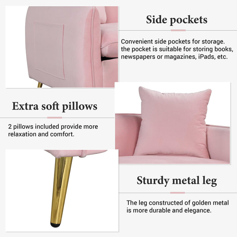 77.5" Velvet Upholstered Sofa with Armrest Pockets,3-Seat Couch with 2 Pillows and lden Metal Legs for Living Room,Apartment,Home Office,Pink - Urban Living Furniture (Los Angeles, CA)