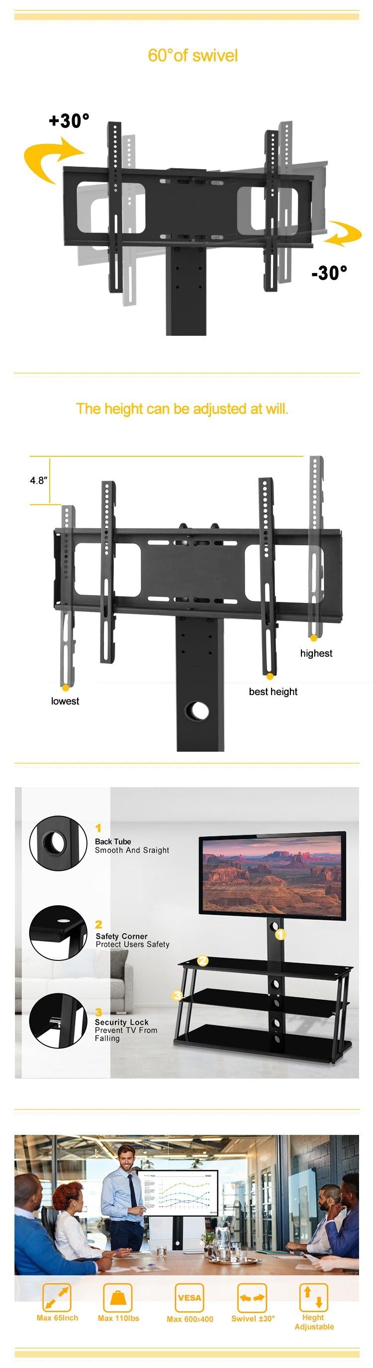 Black Multi-Function Angle And Height Adjustable Tempered Glass  TV Stand - Urban Living Furniture (Los Angeles, CA)