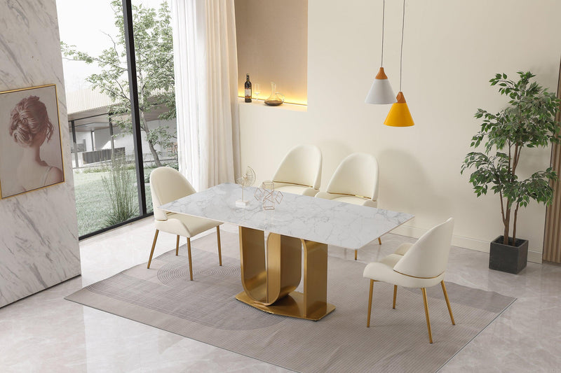 71" Contemporary Dining Table in Gold with Sintered Stone Top and  U shape Pedestal Base in Gold finish with 6 pcs Chairs .