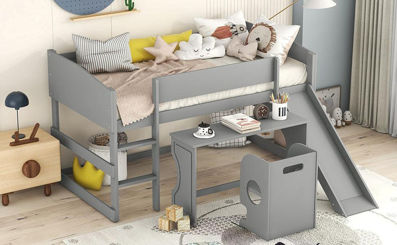 Low Study Twin Loft Bed with Rolling Portable Desk and Chair,Multiple Functions Bed- Gray - Urban Living Furniture (Los Angeles, CA)