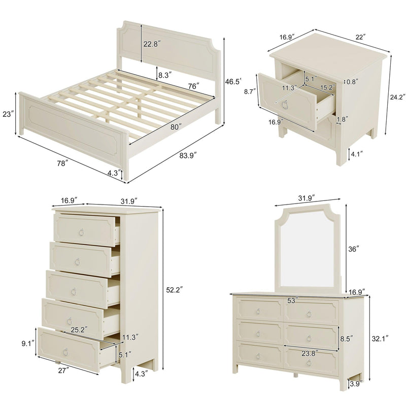 6 Pieces Bedroom Sets Milky White Solid Rubber Wood King Size Platform Bed with Nightstand*2, Chest, Mirror and Dresser