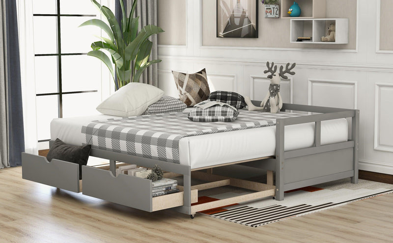 Wooden Daybed with Trundle Bed and TwoStorage Drawers , Extendable Bed Daybed,Sofa Bed for Bedroom Living Room, Gray