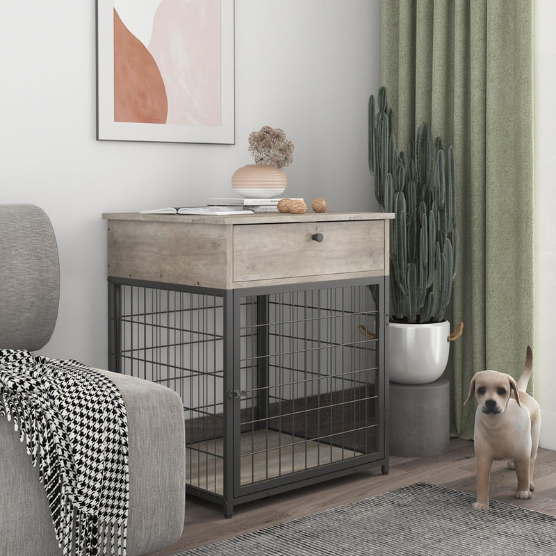 Furniture Style Wood Dog Crate End Table withStorage Console（Grey,19.69''w x 22.83''d x 26.97''h）