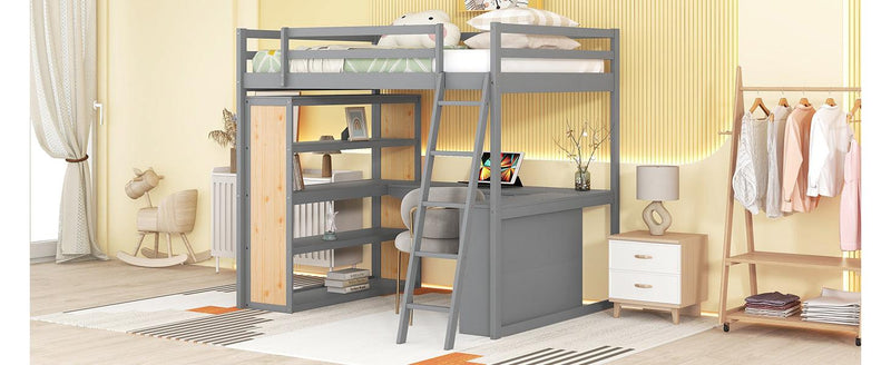 Full Size Loft Bed with Ladder, Shelves, and Desk, Gray - Urban Living Furniture (Los Angeles, CA)