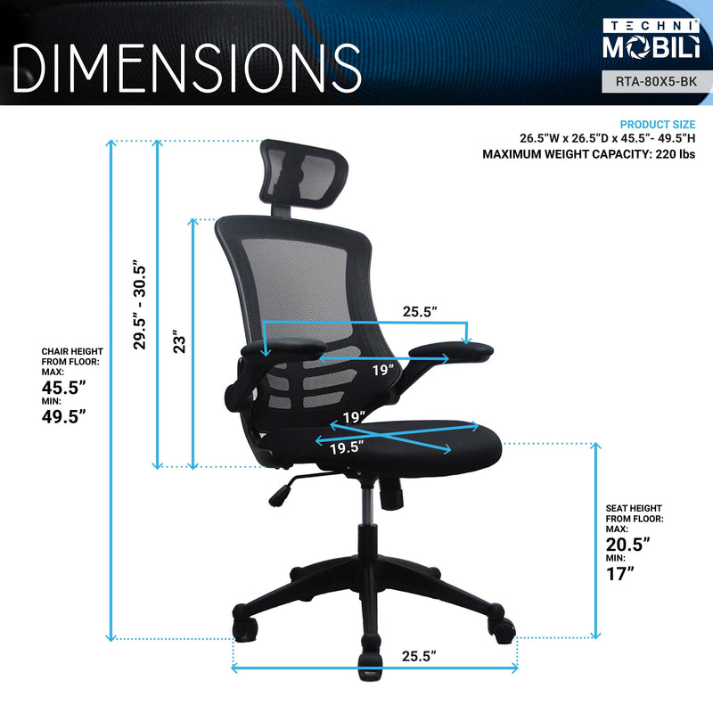 Techni MobiliModern High-Back Mesh Executive Office Chair with Headrest and Flip-Up Arms, Black