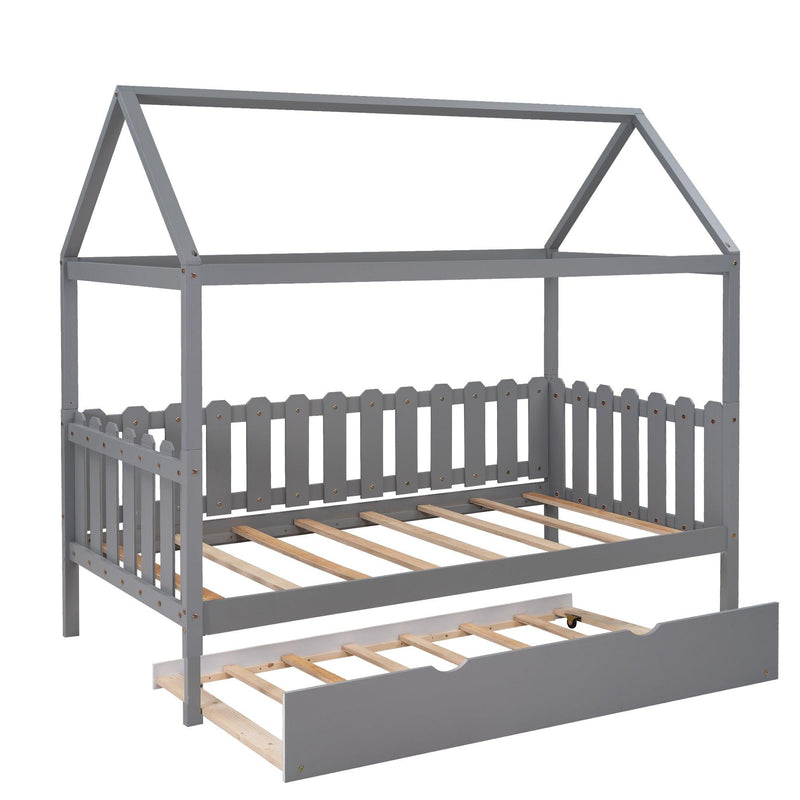 Twin Size House Bed with Trundle, Fence-shaped Guardrail, Gray(New) - Urban Living Furniture (Los Angeles, CA)