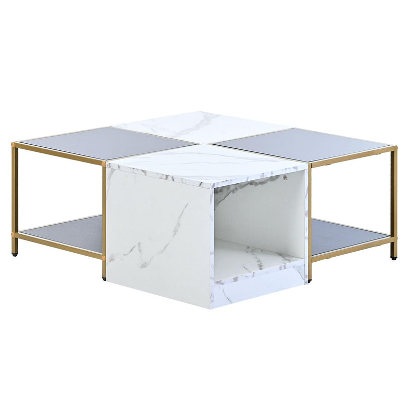 2-layerModern Coffee Table with Metal Frame, Cocktail Table with High Gloss White Marble Finish, Simply Assemble Square Corner Tables for Living Room, 31.5”x 31.5”