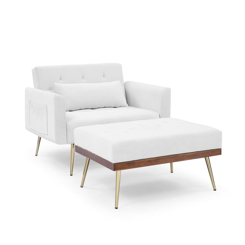 Recline Sofa Chair with Ottoman, Two Arm Pocket and Wood Frame include 1 Pillow, White (40.5”x33”x32”)