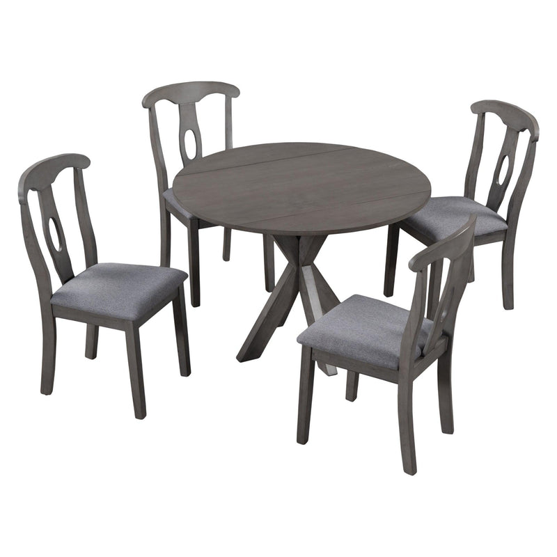 Rustic Farmhouse 5-Piece Wood Round Dining Table Set for 4, Kitchen Furniture with Drop Leaf and 4 Padded Dining Chairs for Small Places, Grey - Urban Living Furniture (Los Angeles, CA)