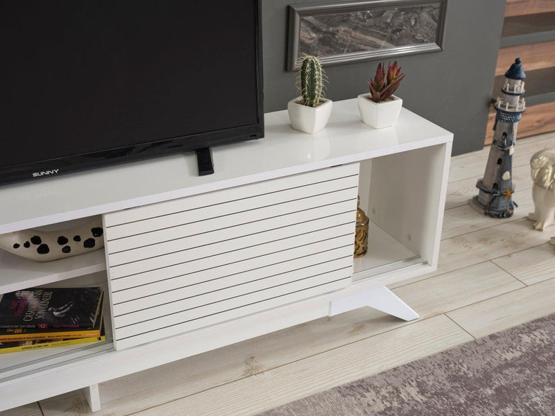 Luxia Mid CenturyModern Tv Stand 2 Sliding Door Cabinet 2 Shelves 67 inch Tv Uni, White