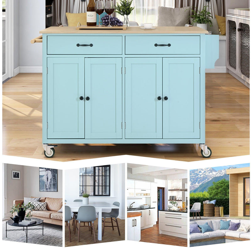 Kitchen Island Cart with 4 Door Cabinet and Two Drawers and 2 Locking Wheels - Solid Wood Top, Adjustable Shelves, Spice & Towel Rack（Mint Green） - Urban Living Furniture (Los Angeles, CA)