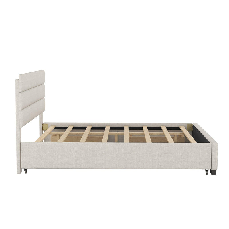 Queen Upholstered Platform Bed with Twin Size Trundle and Two Drawers, Beige - Urban Living Furniture (Los Angeles, CA)