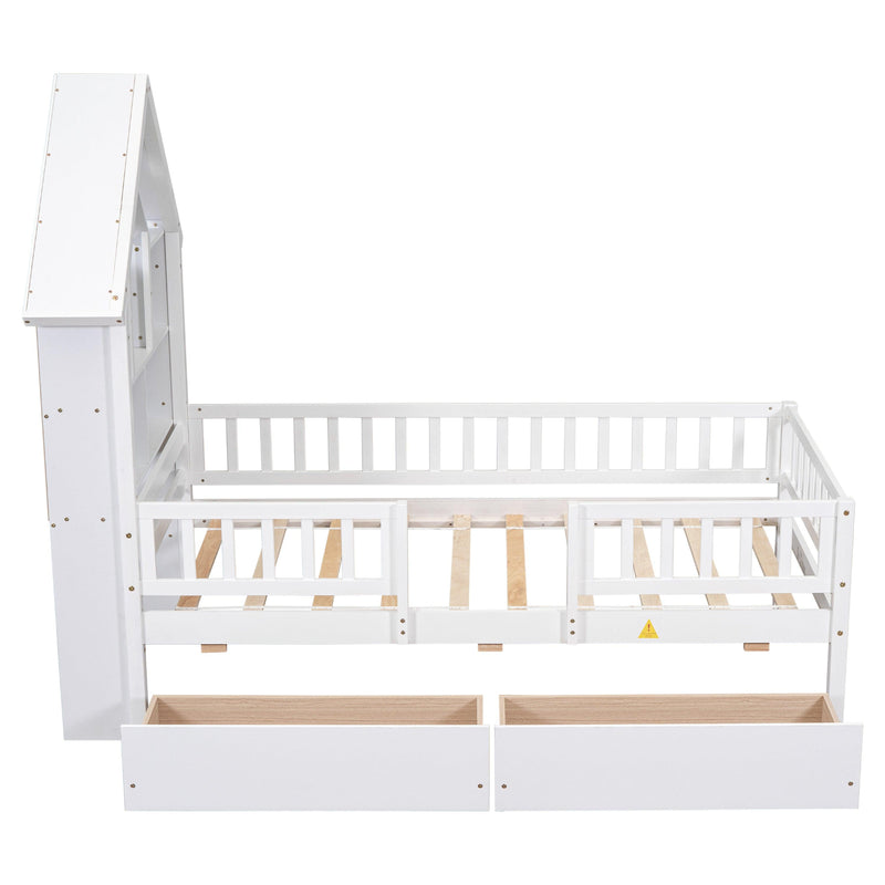 Twin Size House-Shaped Headboard Bed with Fence Guardrails and Drawers ,White - Urban Living Furniture (Los Angeles, CA)