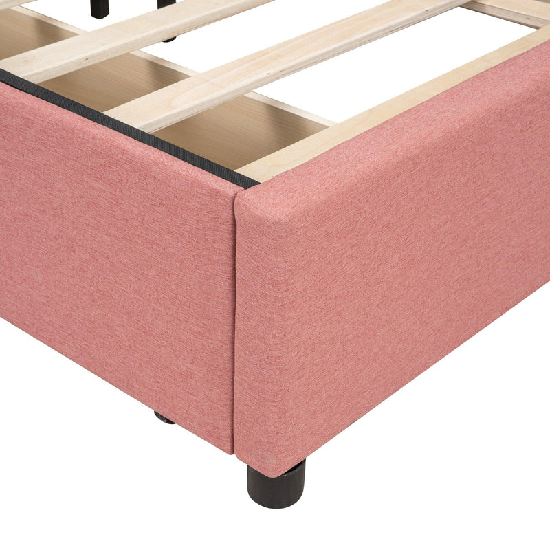 Full Size Upholstered Platform Bed with Brick Pattern Heardboard and 4 Drawers, Linen Fabric, Pink