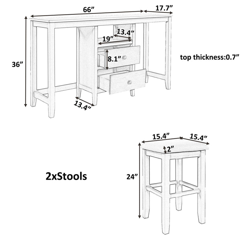 Farmhouse Rustic 3-piece Counter Height Wood Dining Table Set with 2Storage Drawers and 2 Stools for Small Places, White and Brown - Urban Living Furniture (Los Angeles, CA)