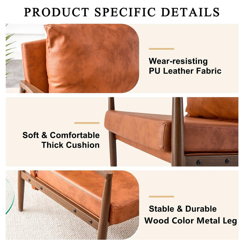 PU Leather Accent Arm Chair Mid CenturyModern Upholstered Armchair with Imitation solid wood Walnut color Metal Frame Extra-Thick Padded Backrest and Seat Cushion Sofa Chairs for Living Room
