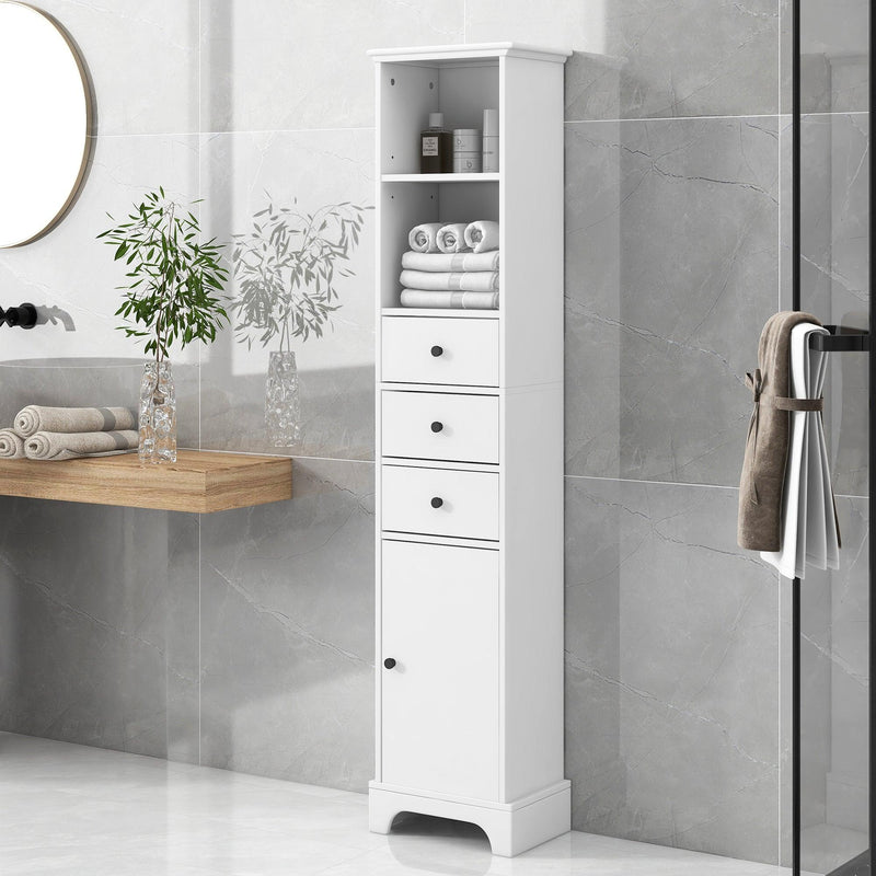 White Tall Bathroom Cabinet, FreestandingStorage Cabinet with 3 Drawers and Adjustable Shelf, MDF Board with Painted Finish - Urban Living Furniture (Los Angeles, CA)