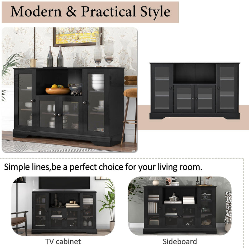 TV Stand for TV up to 60in with 4 Tempered Glass Doors Adjustable Panels Open Style Cabinet, Sideboard for Living room, Black - Urban Living Furniture (Los Angeles, CA)