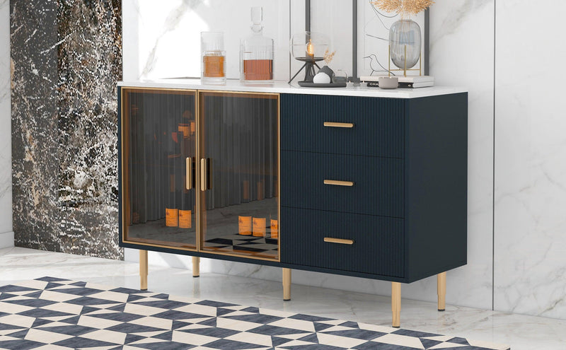 Modern Sideboard MDF Buffet Cabinet Marble Sticker Tabletop and Amber-yellow Tempered Glass Doors with Gold Metal Legs & Handles (Navy Blue) - Urban Living Furniture (Los Angeles, CA)