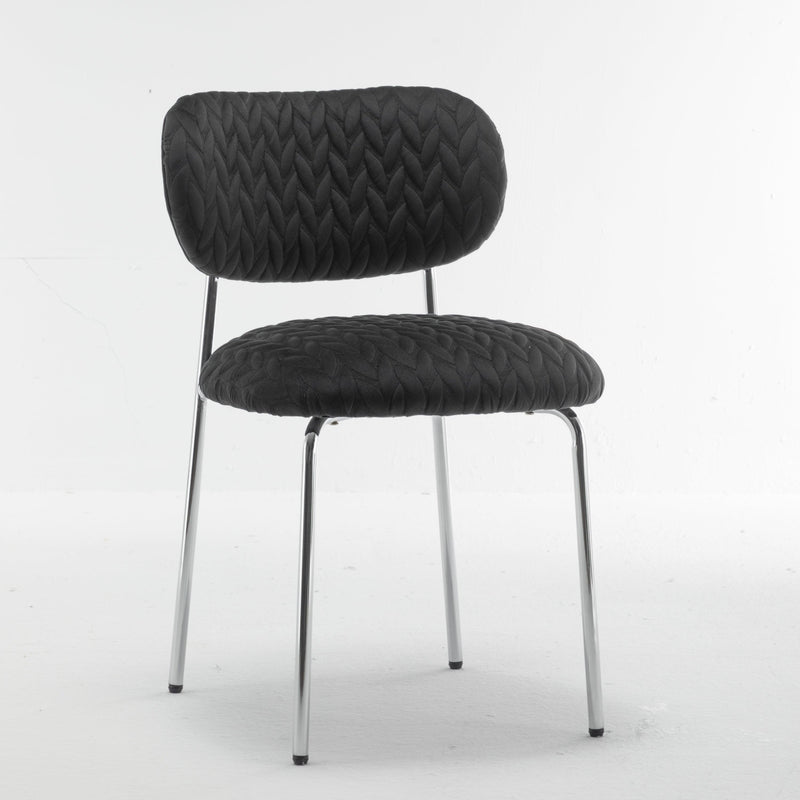 Velvet dining Chair Leaf grain ergonomic backrest Chair Silver metal legs Chair(Set of 2)（Black）