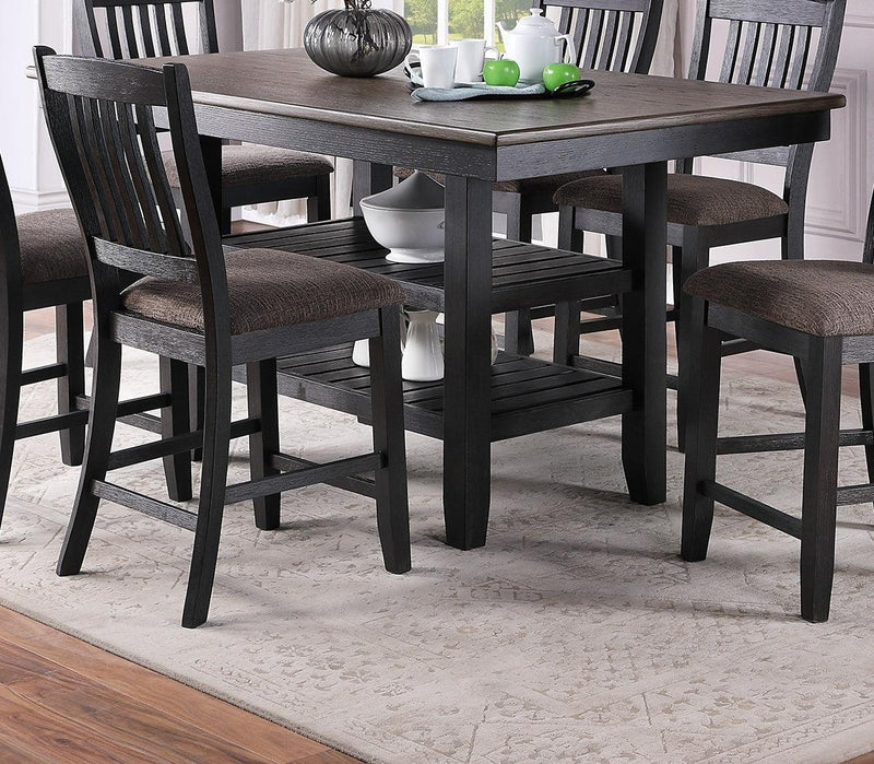 Transitional Dining Room 7pc Set Dark Coffee Rubberwood Counter Height Dining Table w 2x Shelfs and 6x High Chairs Fabric Upholstered seats Unique Back Counter Height Chairs