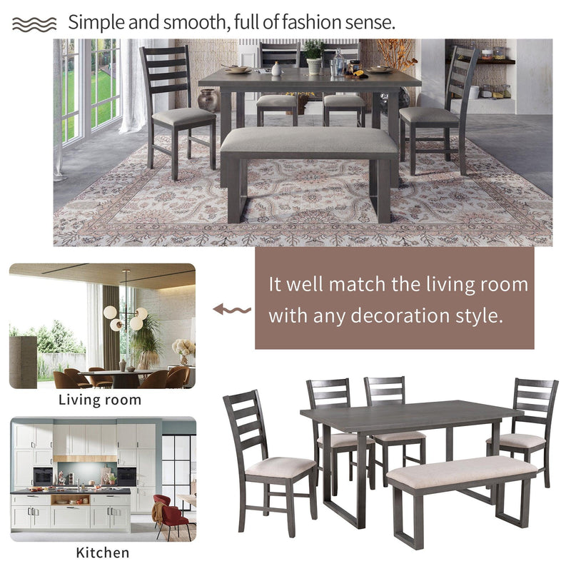 6-Pieces Family Furniture, Solid Wood Dining Room Set with Rectangular Table & 4 Chairs with Bench(Gray) - Urban Living Furniture (Los Angeles, CA)