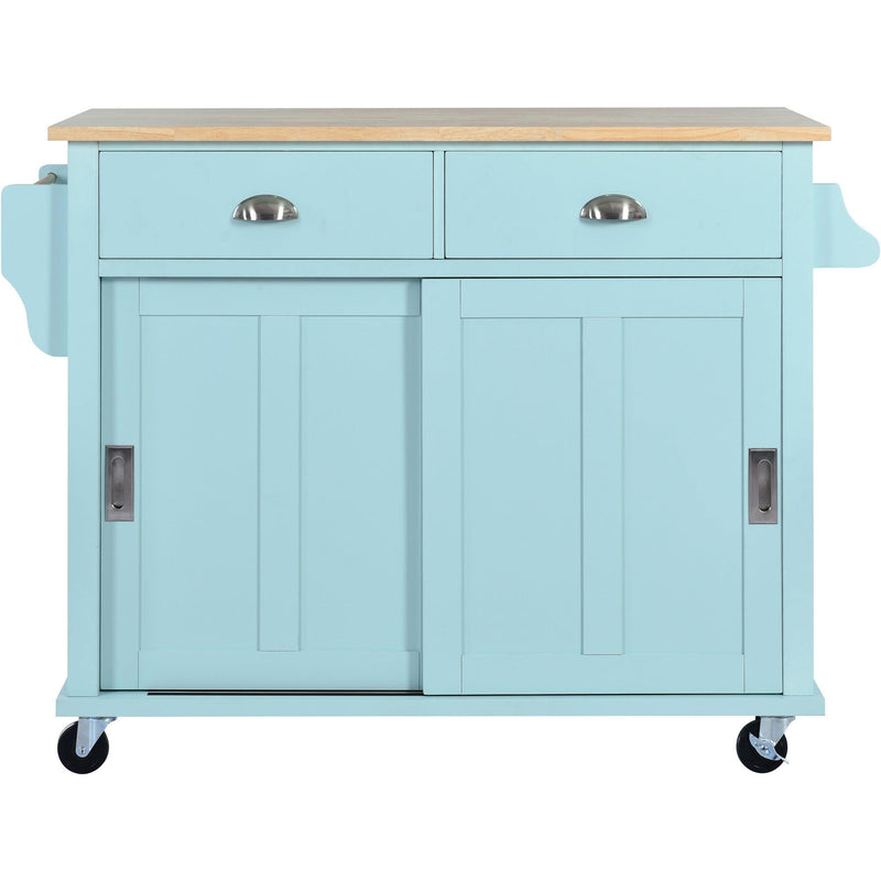 Kitchen Cart with Rubber wood Drop-Leaf Countertop, Concealed sliding barn door adjustable height,Kitchen Island on 4 Wheels withStorage Cabinet and 2 Drawers,L52.2xW30.5xH36.6 inch, Mint Green