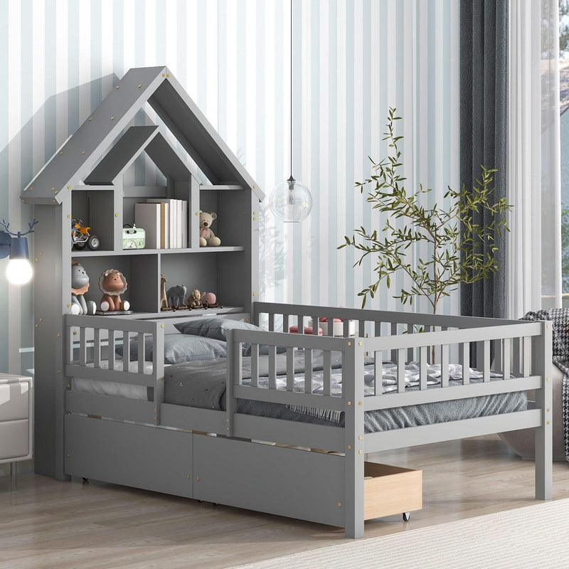 Twin Size House-Shaped Headboard Bed with Fence Guardrails and Drawers ,Gray