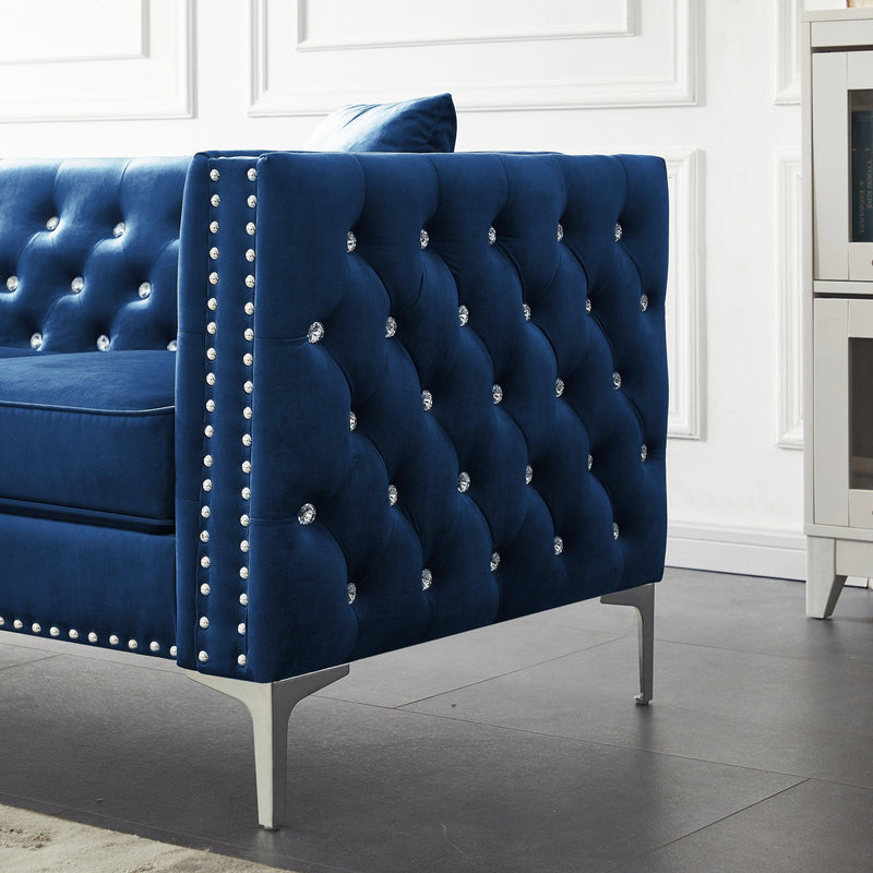 82.3" WidthModern Velvet Sofa Jeweled Buttons Tufted Square Arm Couch Blue,2 Pillows Included - Urban Living Furniture (Los Angeles, CA)