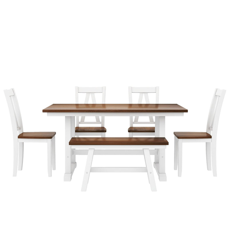 6-Piece Wood Dining Table Set Kitchen Table Set with Long Bench and 4 Dining Chairs, Farmhouse Style, Walnut+White - Urban Living Furniture (Los Angeles, CA)