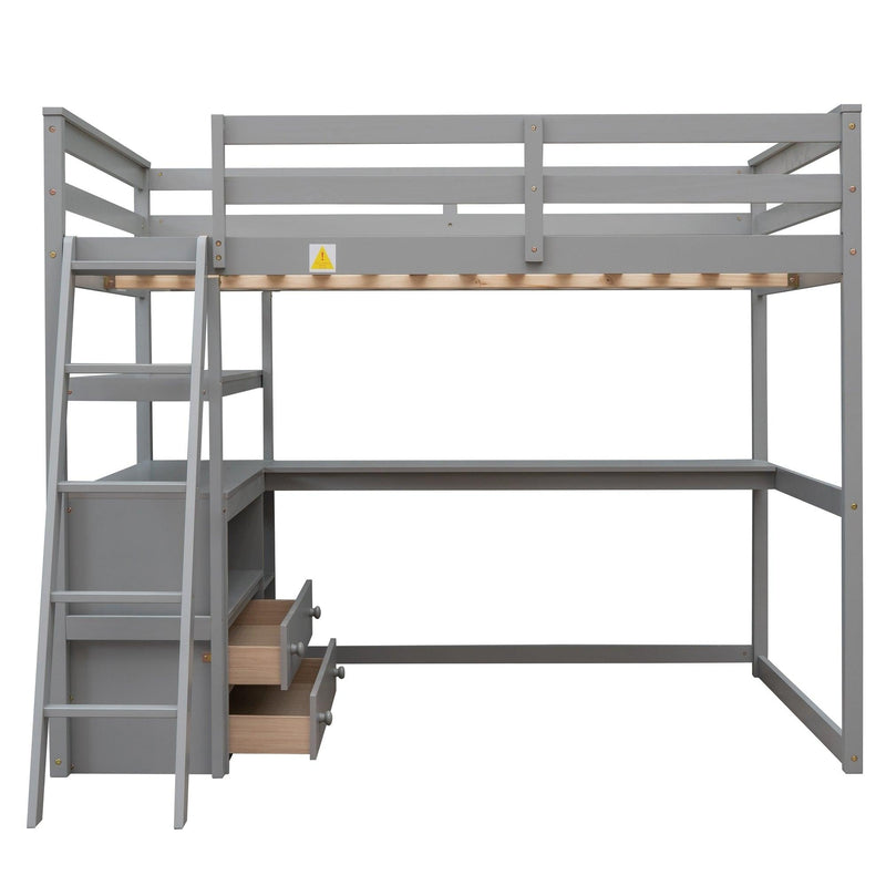 Full Size Loft Bed with Desk and Shelves,Two Built-in Drawers,Gray - Urban Living Furniture (Los Angeles, CA)